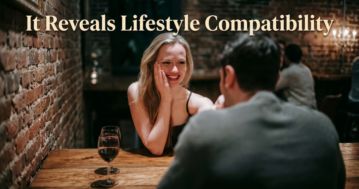 Woman smiling at her date revealing lifestyle compatibility on dating apps