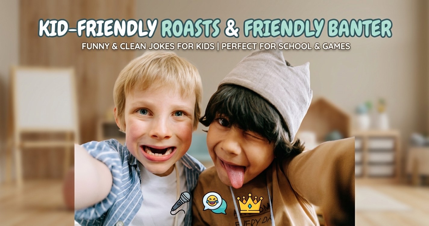 Two young boys making funny silly faces together for a clean kids roast article