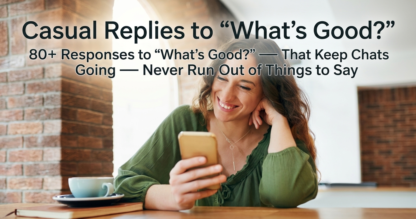 Woman smiling at phone in a coffee shop setting with casual text replies title