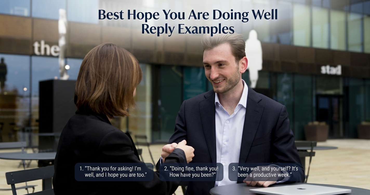 Businessman smiling and shaking hands in front of Professional Replies to Hope You Are Doing Well header