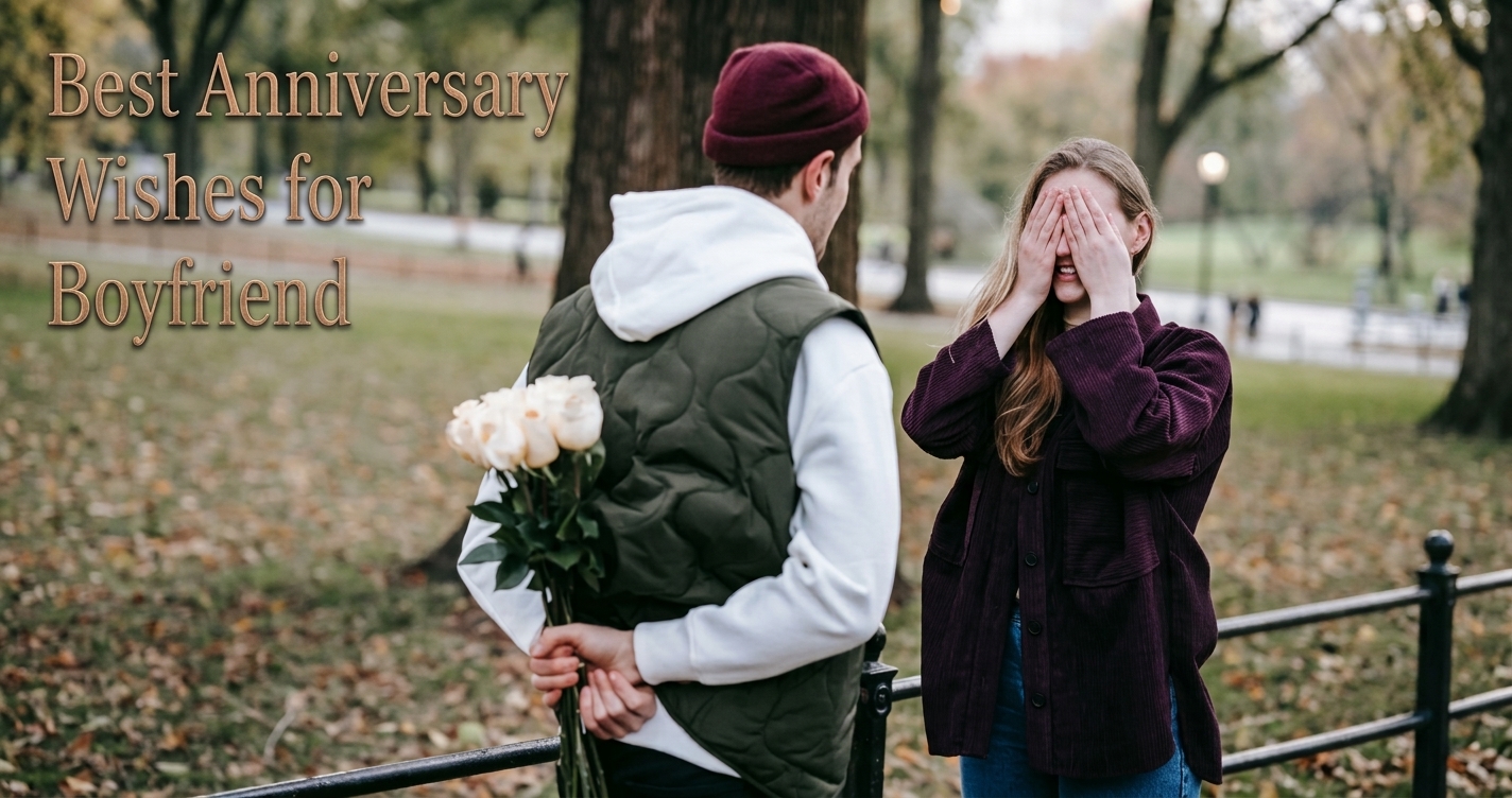 Couple holding hands in a park with white rose bouquet for boyfriend anniversary