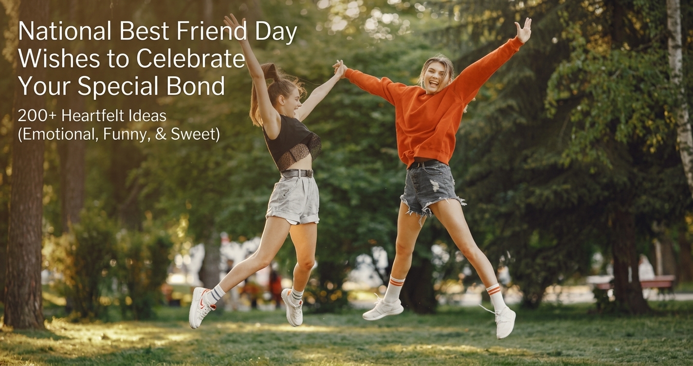Two best friends jumping together in a park with text overlay National Best Friend Day Wishes