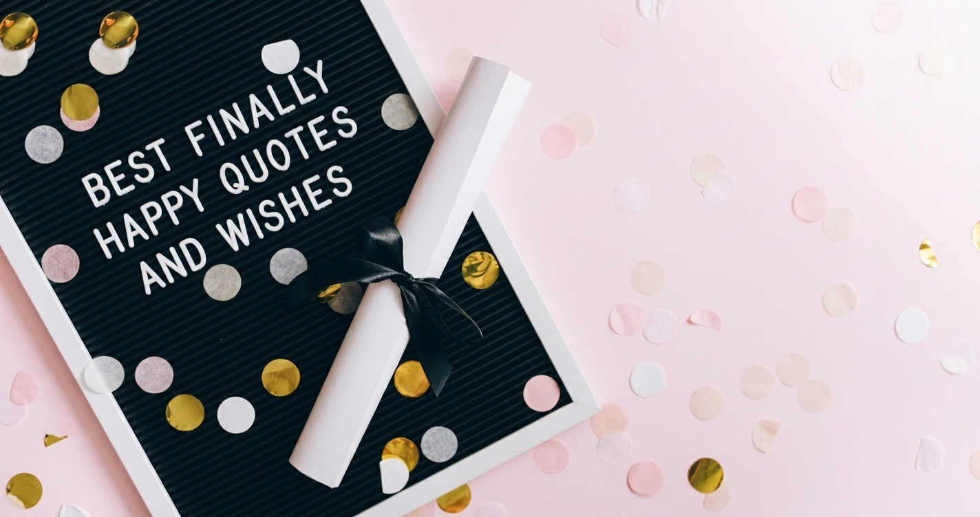 Best Finally Happy Quotes and Wishes displayed on a letter board with gold confetti