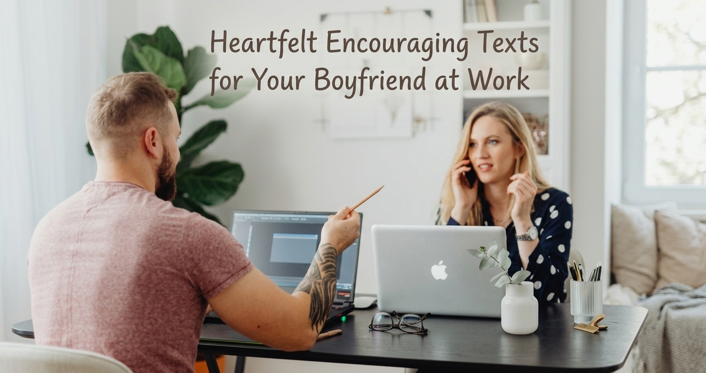 Heartfelt encouraging texts for boyfriend at work written over a supportive couple working at an office desk