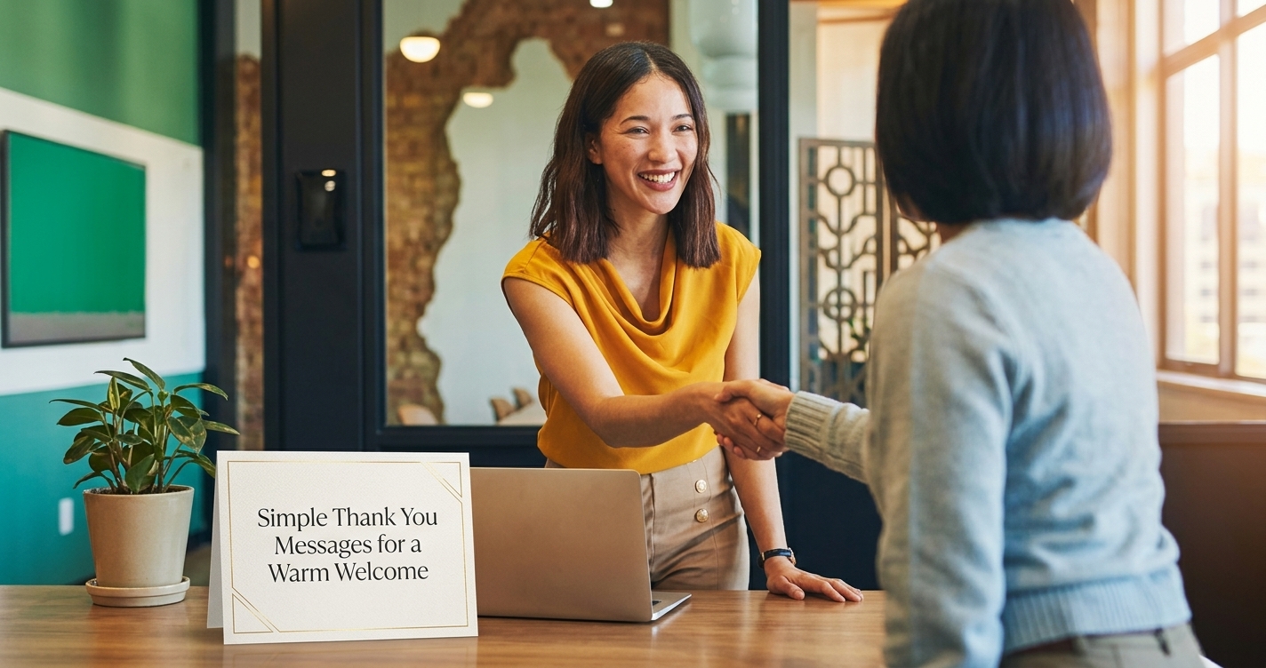 Two professional women shaking hands in an office setting with text reading Simple Thank You Messages for a Warm Welcome