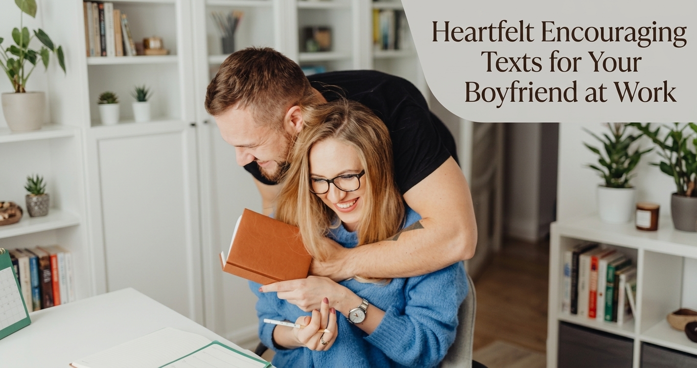 Heartfelt encouraging texts for boyfriend at work written over a supportive couple working at an office desk