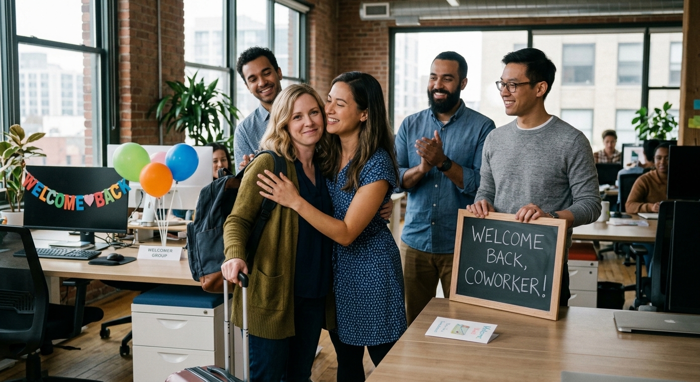 Group of friends hugging warmly with smiles to say welcome back