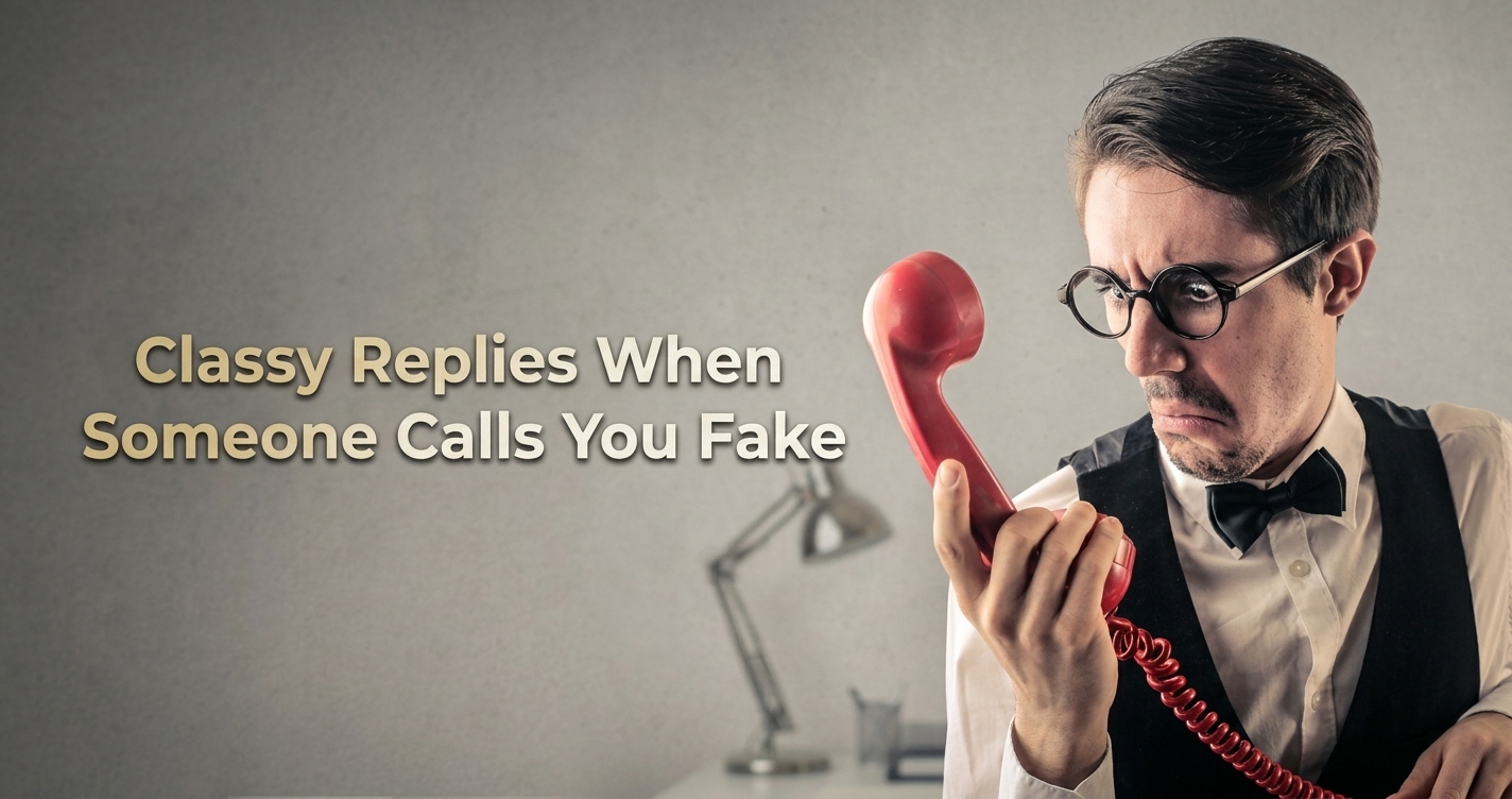 Classy Replies When Someone Calls You Fake text overlay on portrait with vintage red phone