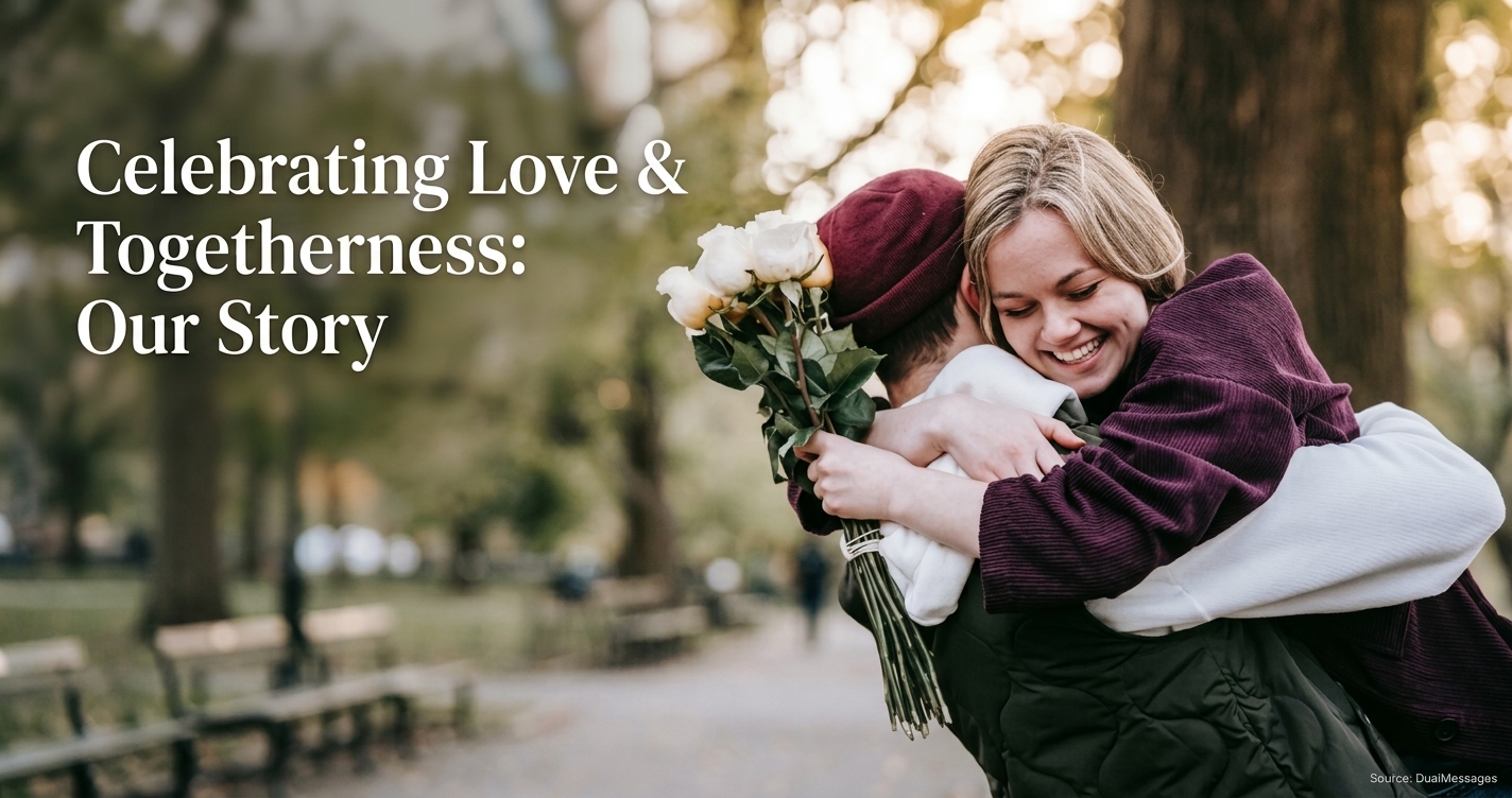 Girl hugging boyfriend happily with white roses for anniversary wishes