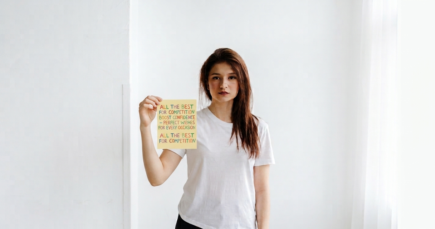 All the Best for Competition Messages written on a colorful card held by a smiling participant