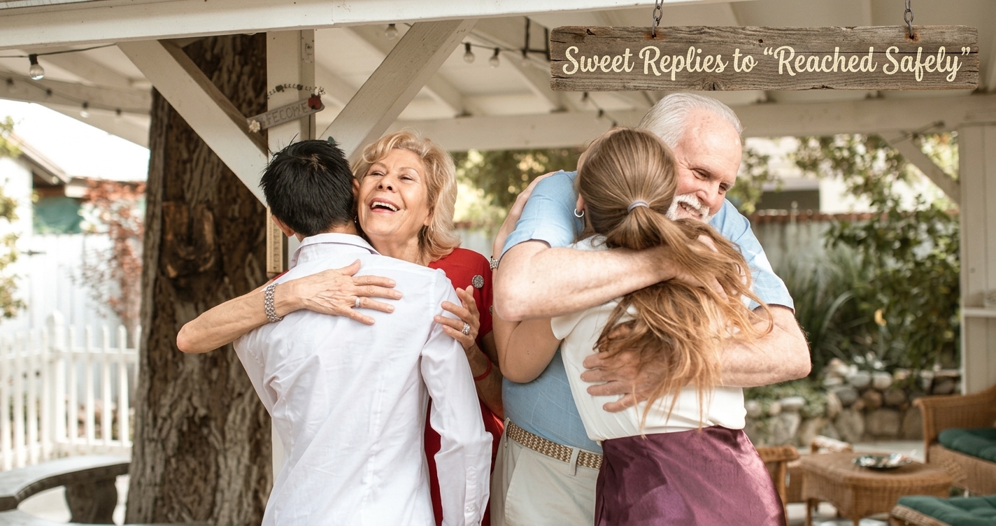 Family members happily hugging after reaching safely back home