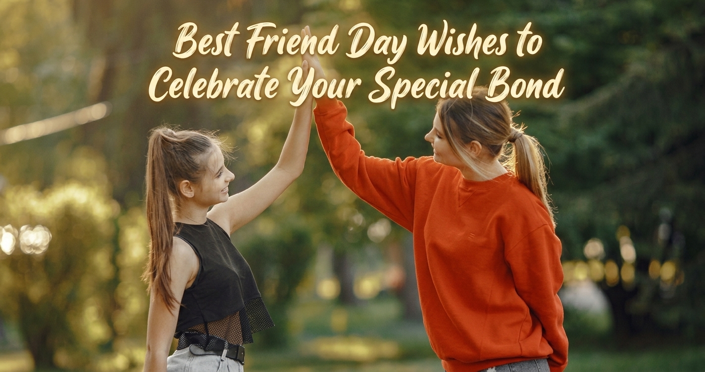 Two best friends riding a yellow bicycle and hugging outdoor with text Best Friend Day Wishes