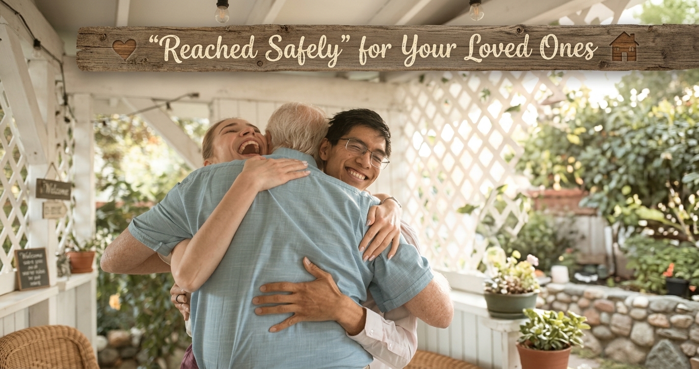 Family reunion with wooden sign showing sweet replies to reached safely text