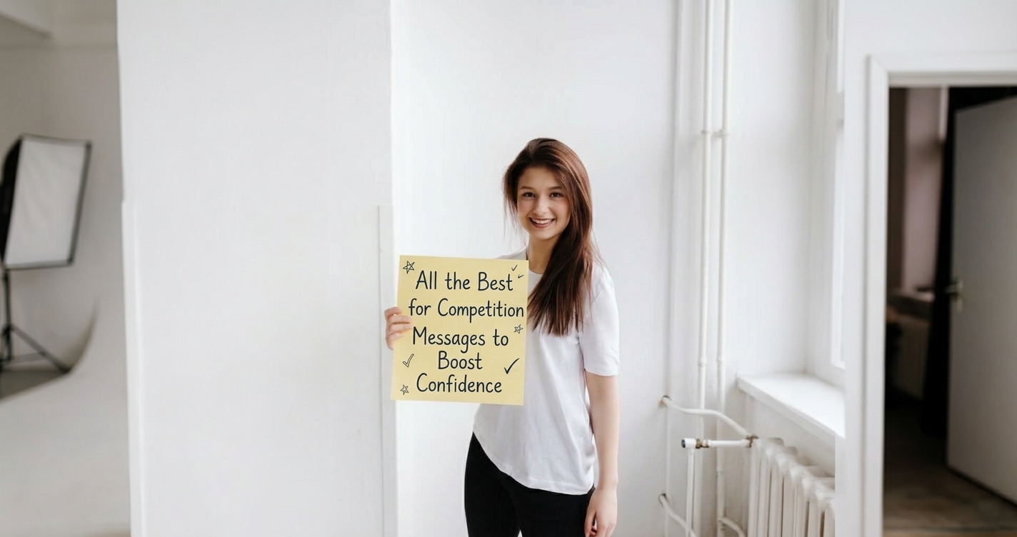 All the Best for Competition Messages written on a colorful card held by a smiling participant